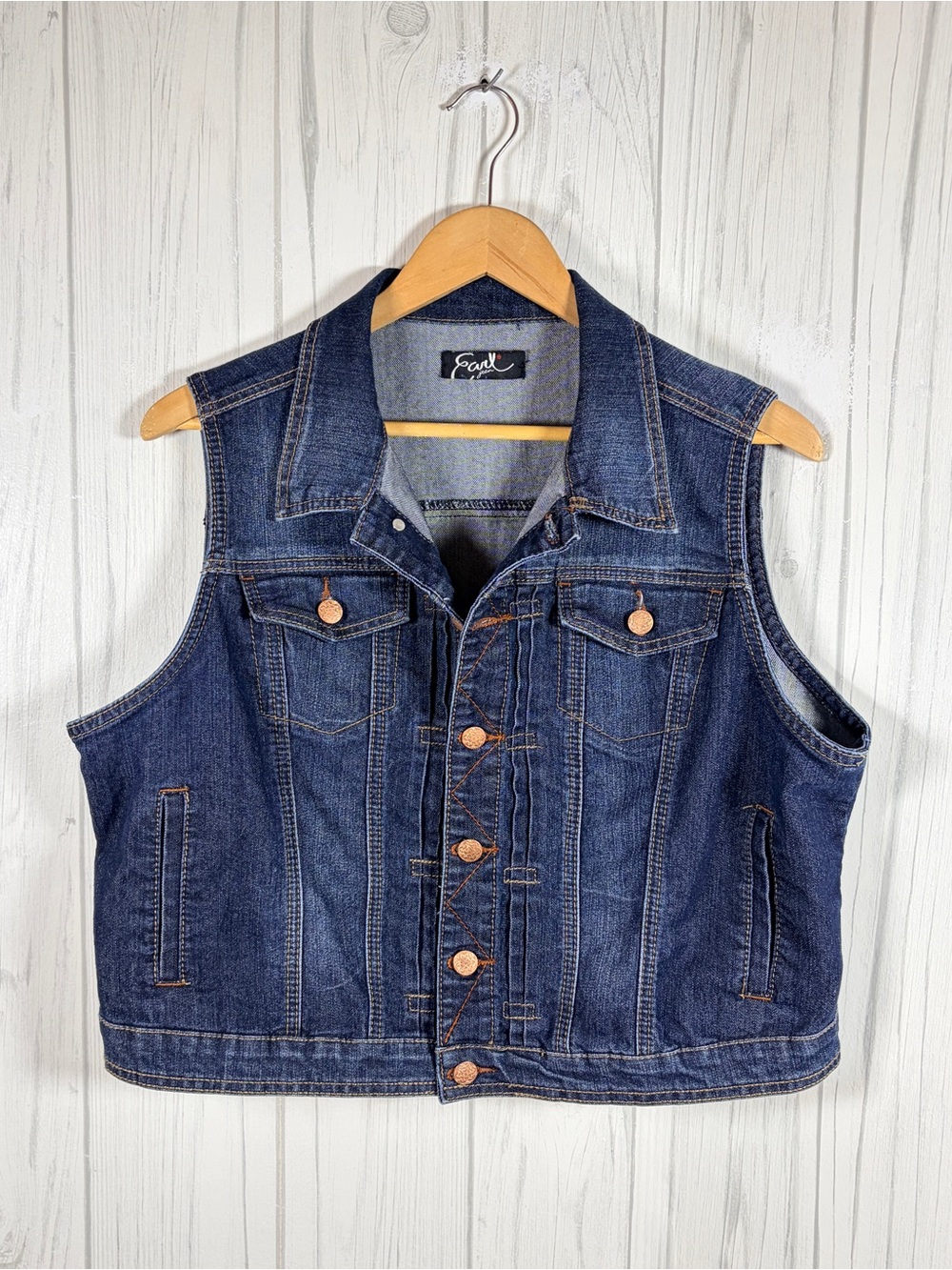 EARL JEANS Women’s Dark Blue Wash Denim Vest, XL, Western Boho